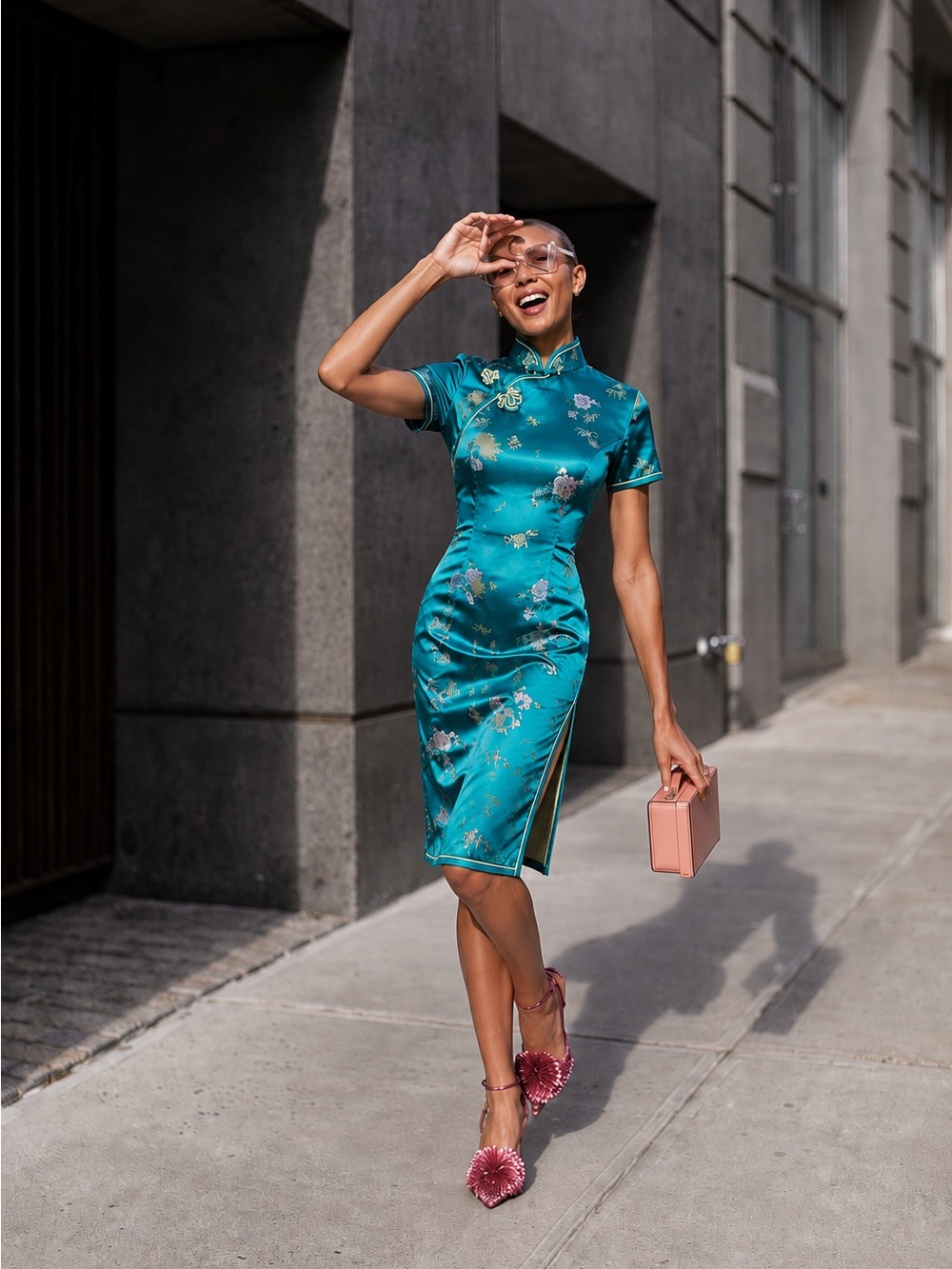 VTG 90s Brocade Asian Festival Date Night Satin Pencil Mandarin Dress 14